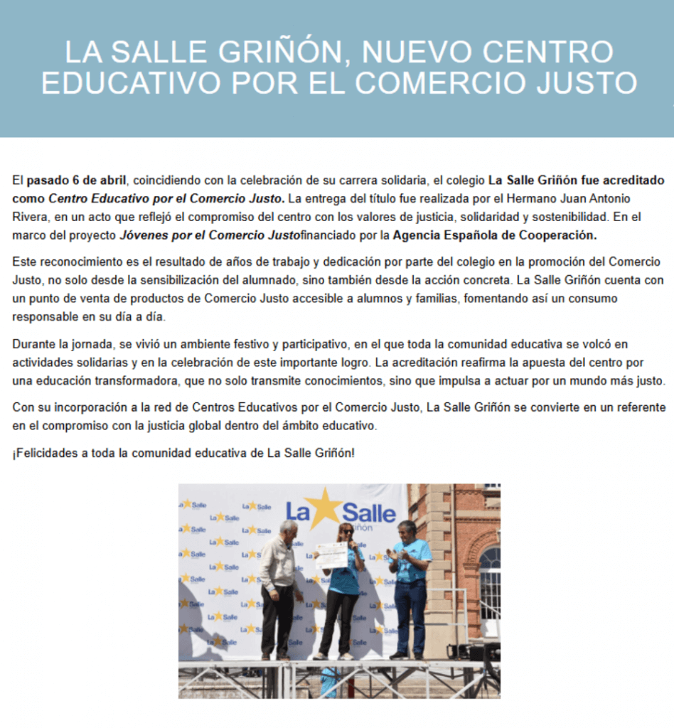 Acreditación Centro Educativo por el Comercio Justo LA Salle Griñón 